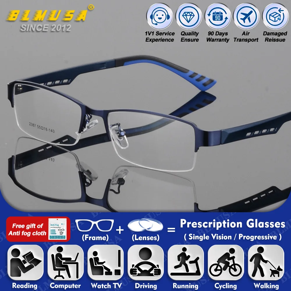 

BLMUSA (L) Lightweight Anti Blue Ray Square Titanium Half-Frame Progressive Eyeglasses Men's Myopia Prescription Reading Glasses