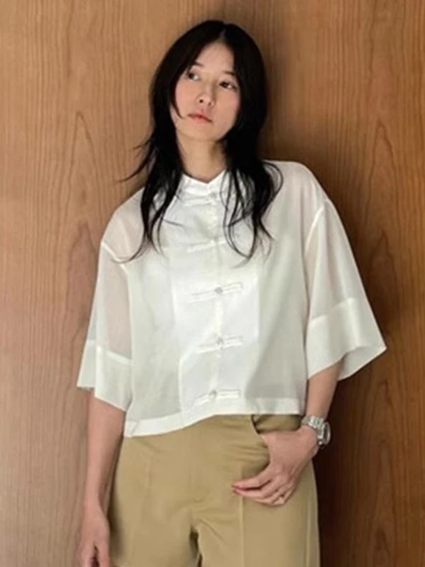 

Japanese Style Women's Shirt Spring Summer Thin Material Buckle Collar Traditional Chinese Style mid Sleeve Short Length