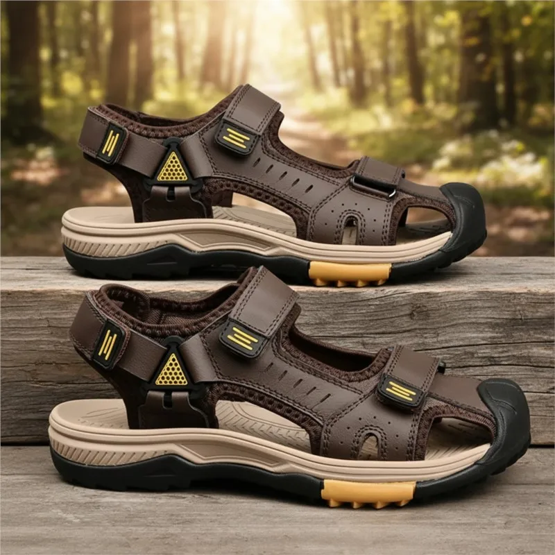 

Men Genuine Leather Summer Casual Beach Outdoor Roman Sandals Comfortable Breathable Lightweight Durable Water Resistant Slip On