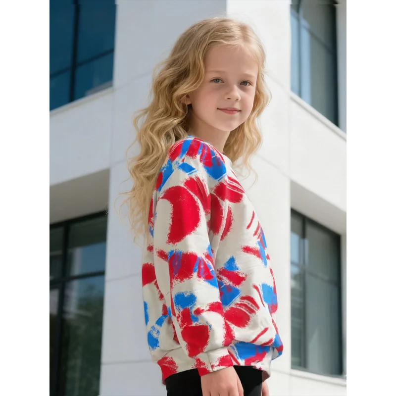 سويت شيرت كاجوال للأطفال موديل 2025 برقبة دائرية - قميص بأكمام طويلة مطبوع عليه رسومات فنية تجريدية باللونين الأحمر والأزرق للفتيات والفتيان #3
