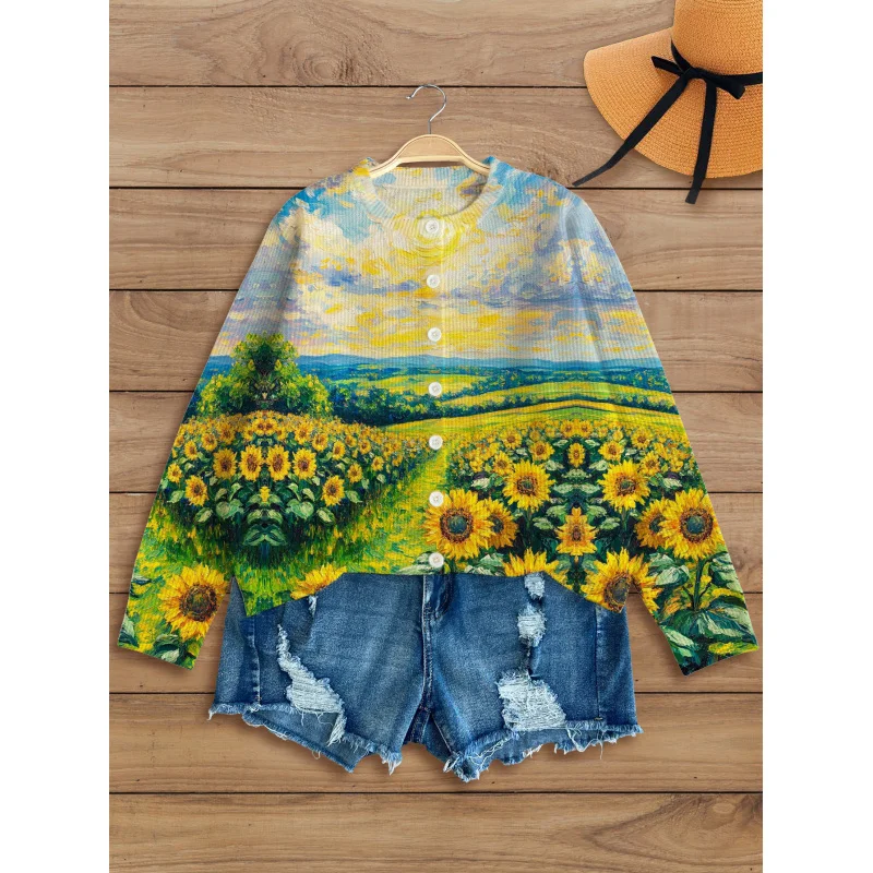 

Женский вязаный кардиган с цифровым принтом подсолнечника, картина маслом, толстый и свободный, с круглым вырезом, с длинными рукавами, осень/зима, повседневный стиль