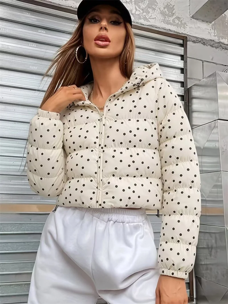 Guobioziy Women's Jacket 2026 Fall/Winter New Fashion Loose Long-Sleeve Hooded Short Zip-Up Polka Dot Cotton Coat