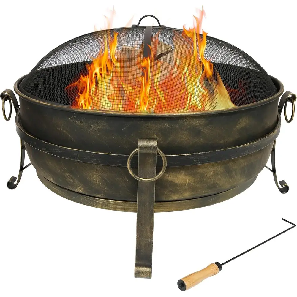 

Large 34-Inch Outdoor Wood-Burning Fire Pit with Spark Screen, Log Poker, and Grate