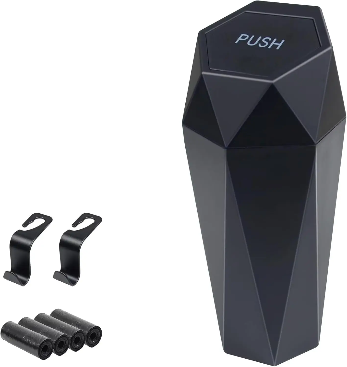 Car Trash Can with Lid, ABS Hooks & 60 Bags, Black Organizer for Car Home Office