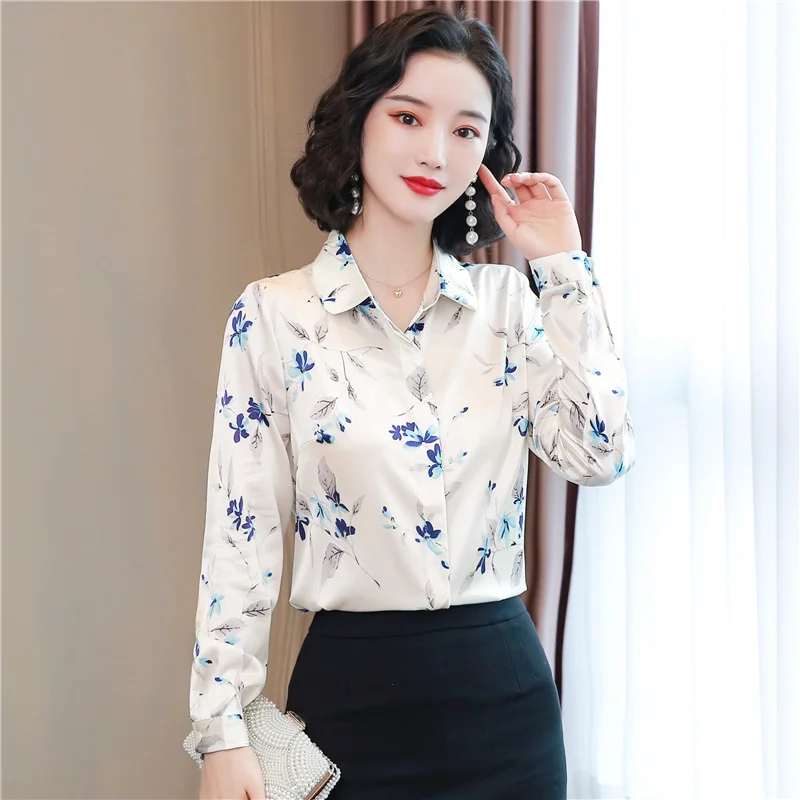 S-4XL White Flower Women\'s Satin Silk Shirt Blouse Korean Fashion Long Sleeve Print OL Work Shirt Elegant Female Tops Clothing