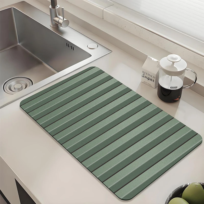 

Dark Green Striped Kitchen Drying Mat - Absorbent Non-Slip Quick Dry Pad for Sink Countertop