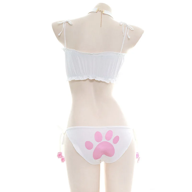 Conjunto de sujetador y bragas de Cosplay para chica gato de Anime japonés, lencería Sexy para mujer, ropa interior íntima Kawaii Lolita, ropa de dormir calada para gatito