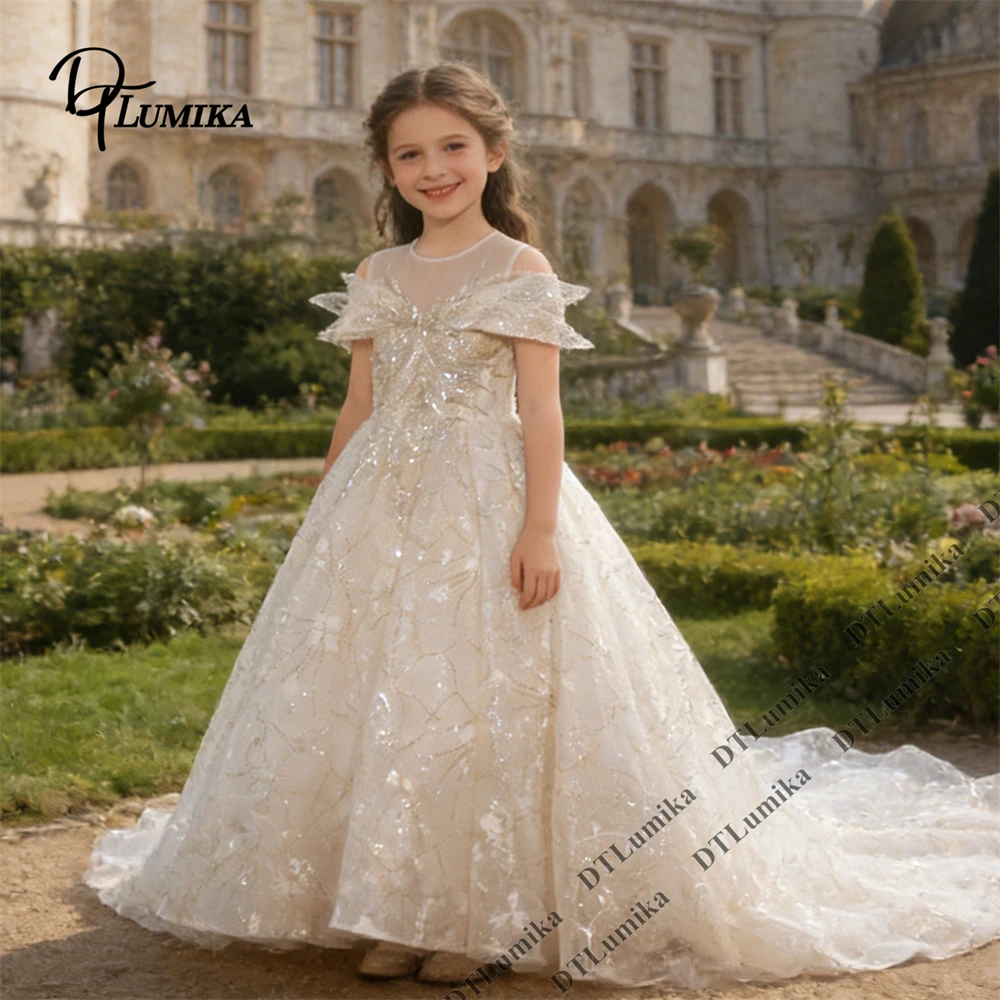 

Children’s Formal Flower Girl Dress – Puff Sleeve Lace Tulle Gown with 3D Floral Appliques & Rhinestone Details Girl Dresses