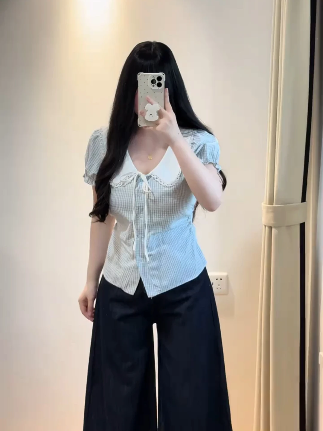 

Korean Style plus Size Shirt with Bow Tie Short Sleeve V-Neck Plaid Slimming Summer Top for Women Regular Shoulder Line