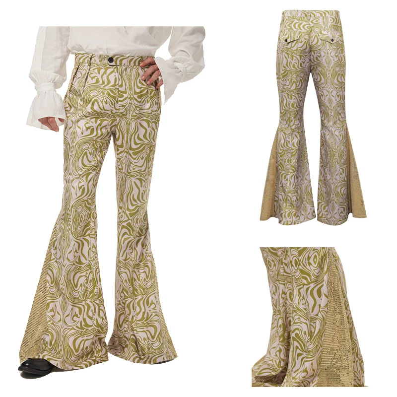 

Men Pants 1970s Retro Vintage Disco Mid Waist Bell Bottom Super Flares Long Pants Printed Trousers Jazz Dance Halloween Suit