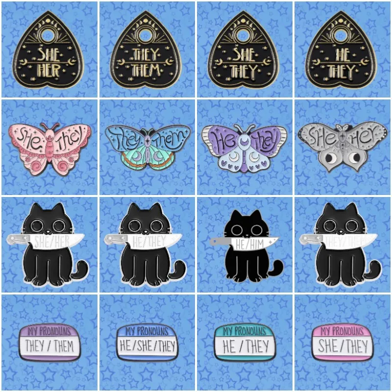 My Pronouns Enamel Pins Custom Cats Butterfly He Him She Her They Them Brooches Lapel Badges Fashion Jewelry Gifts Drop Shipping
