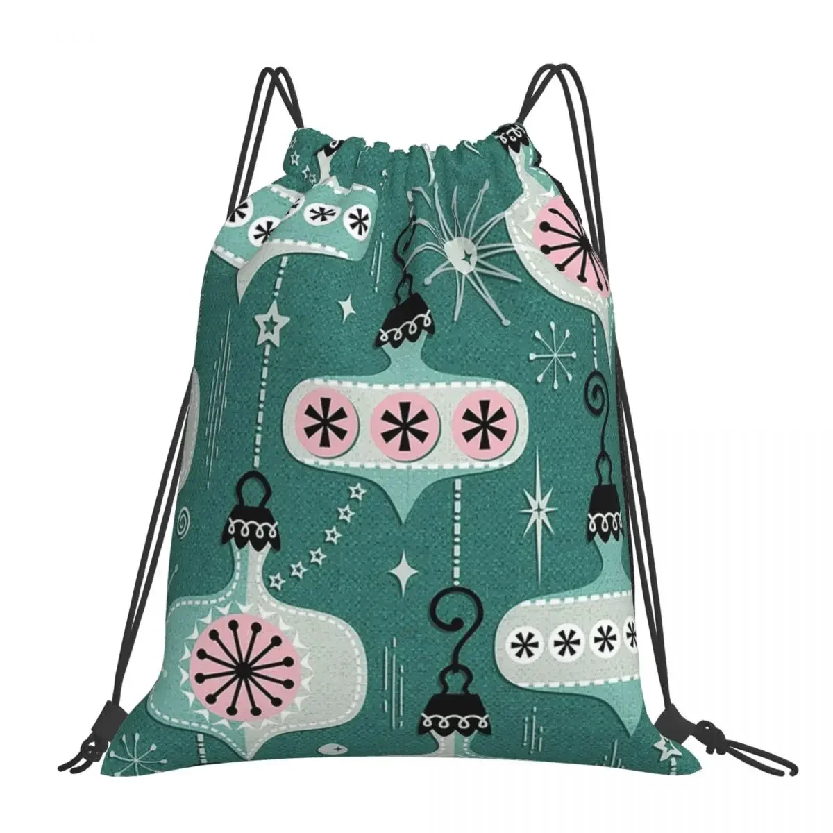 Atomic Age Christmas Ornaments On Teal Studioxtine Backpacks Drawstring Bags Drawstring Bundle Pocket Storage Bag BookBag