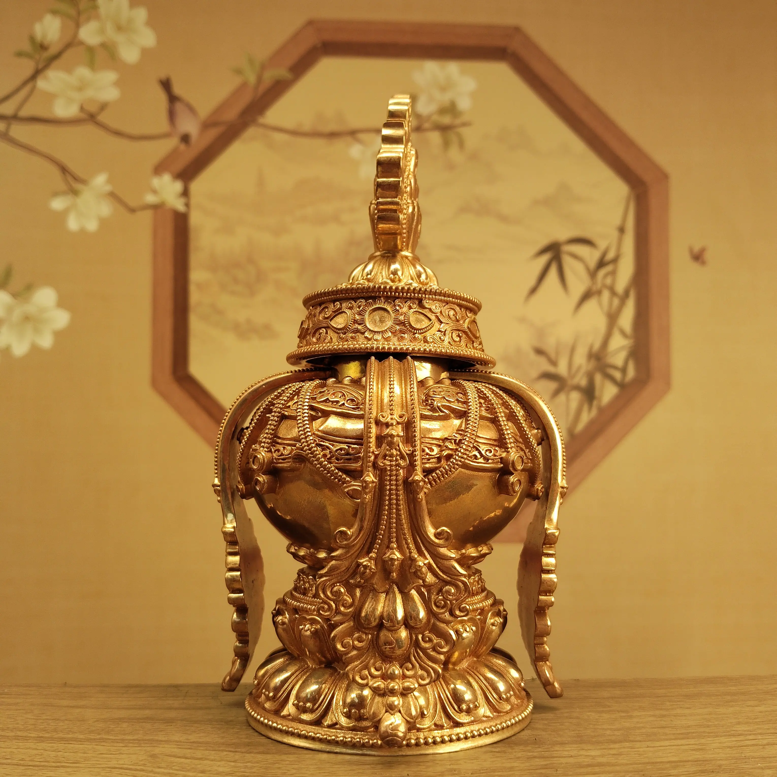 Tibetan Pure Copper Treasure Vase Stupa 15cm Fillable Office Living Room Altar Ritual Blessing
