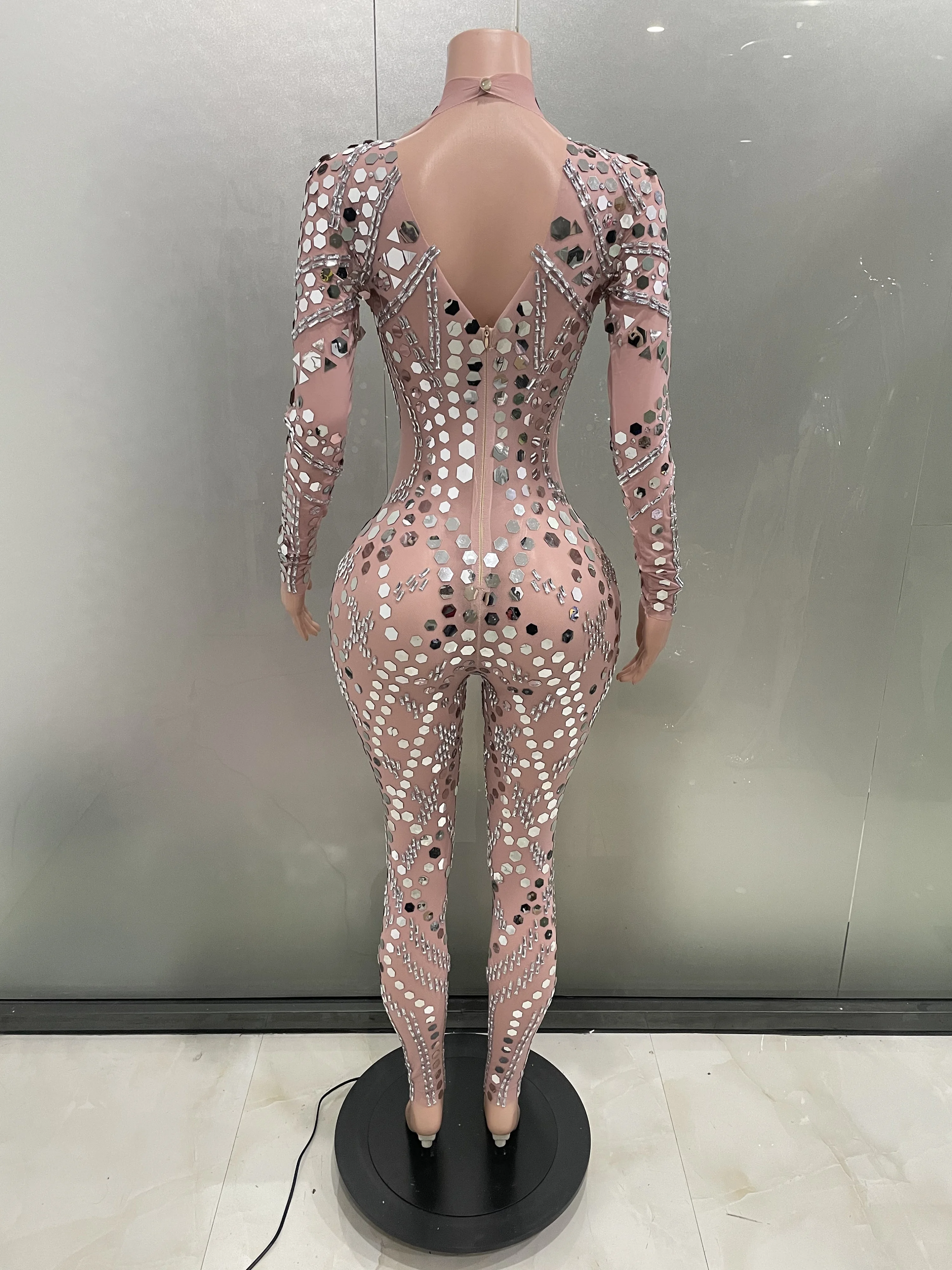 Women Geometric Sparkle Diamond Sequins Mesh Stretch Tight Jumpsuit Bar Nightclub DJ Female Singer Stage Performance Clothing