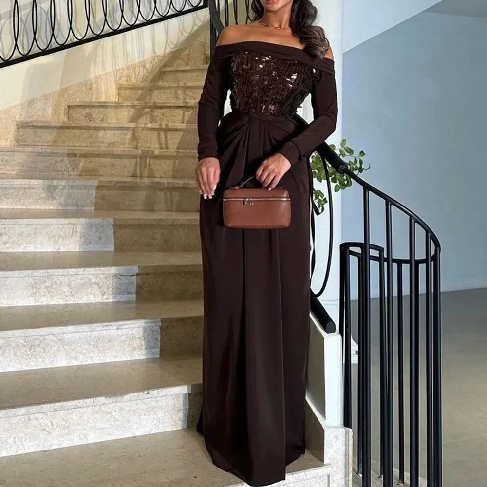 

Customized Classic Pleats Sequined Evening Dresses Exquisite A-Line Off the Shoulder Satin Long Sleeves Party Gowns فساتين سهرة