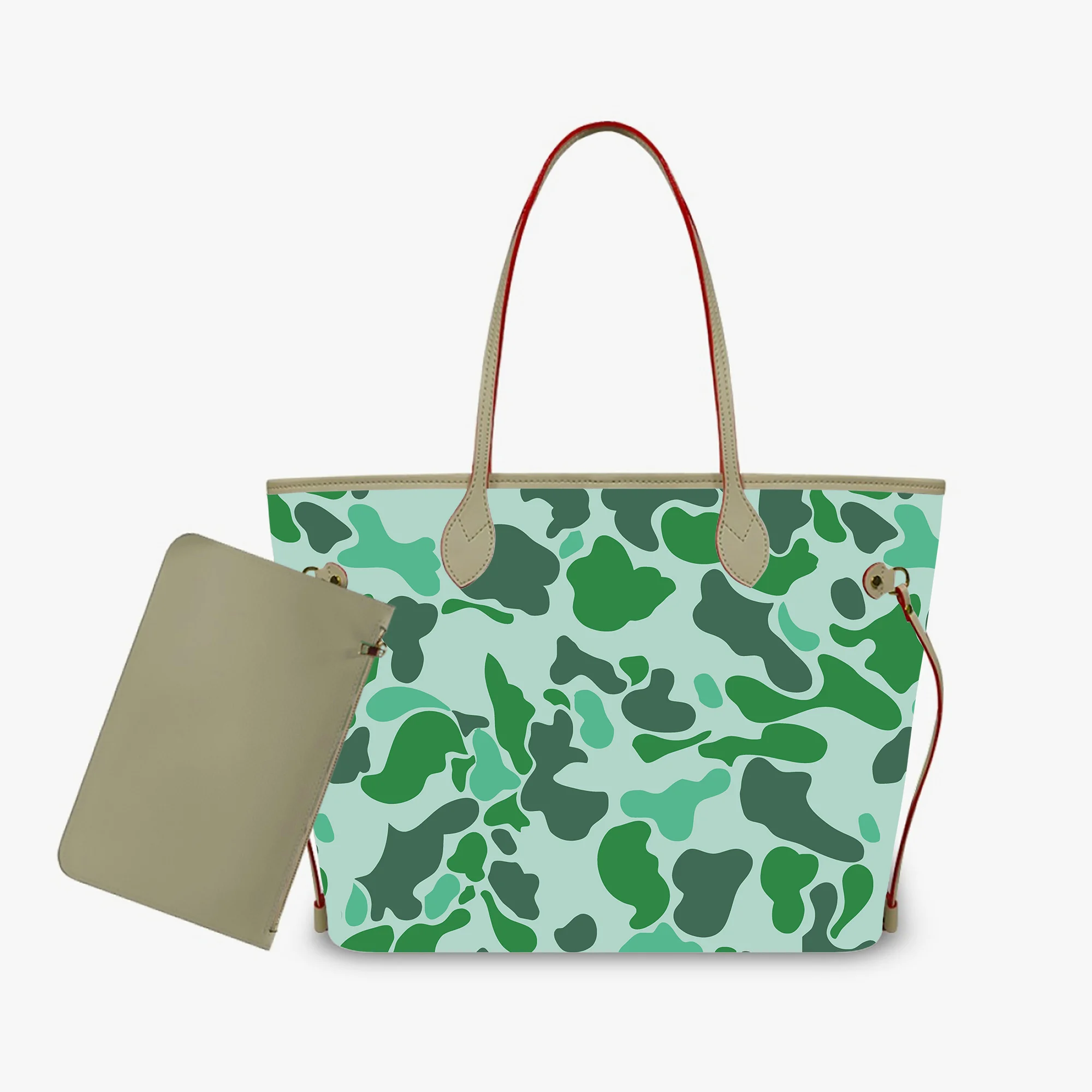 Customized Minimalist Madam Shoulder Tote Bag Green Camo Handbags and Purse Madam 2pcs Cloud Camo PU Leather Purse and Wallet