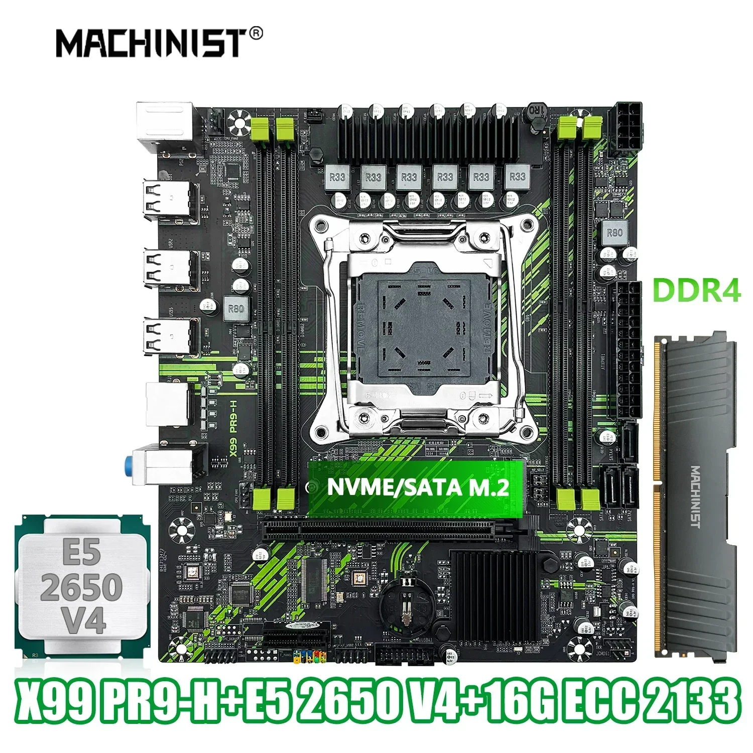 

X99 PR9-H Motherboard Set Kit With Intel LGA2011-3 Xeon E5 2650 V4 CPU + DDR4 1*16GB 2133MHz RAM Memory NVME M.2 SATA