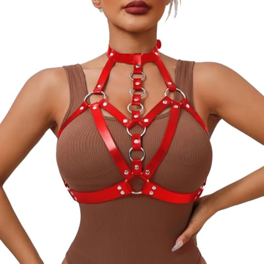 

Punk Burgundy Red Leather Chest Harness for Women, Adjustable Strap Body Harness Belt Goth Lingerie Decorative Strap, Club Part