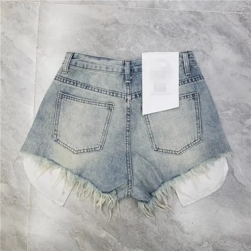 2025 Summer New  Tassel Ripped Denim Shorts Women High Waist A-shaped y2k Shorts Pink Blue