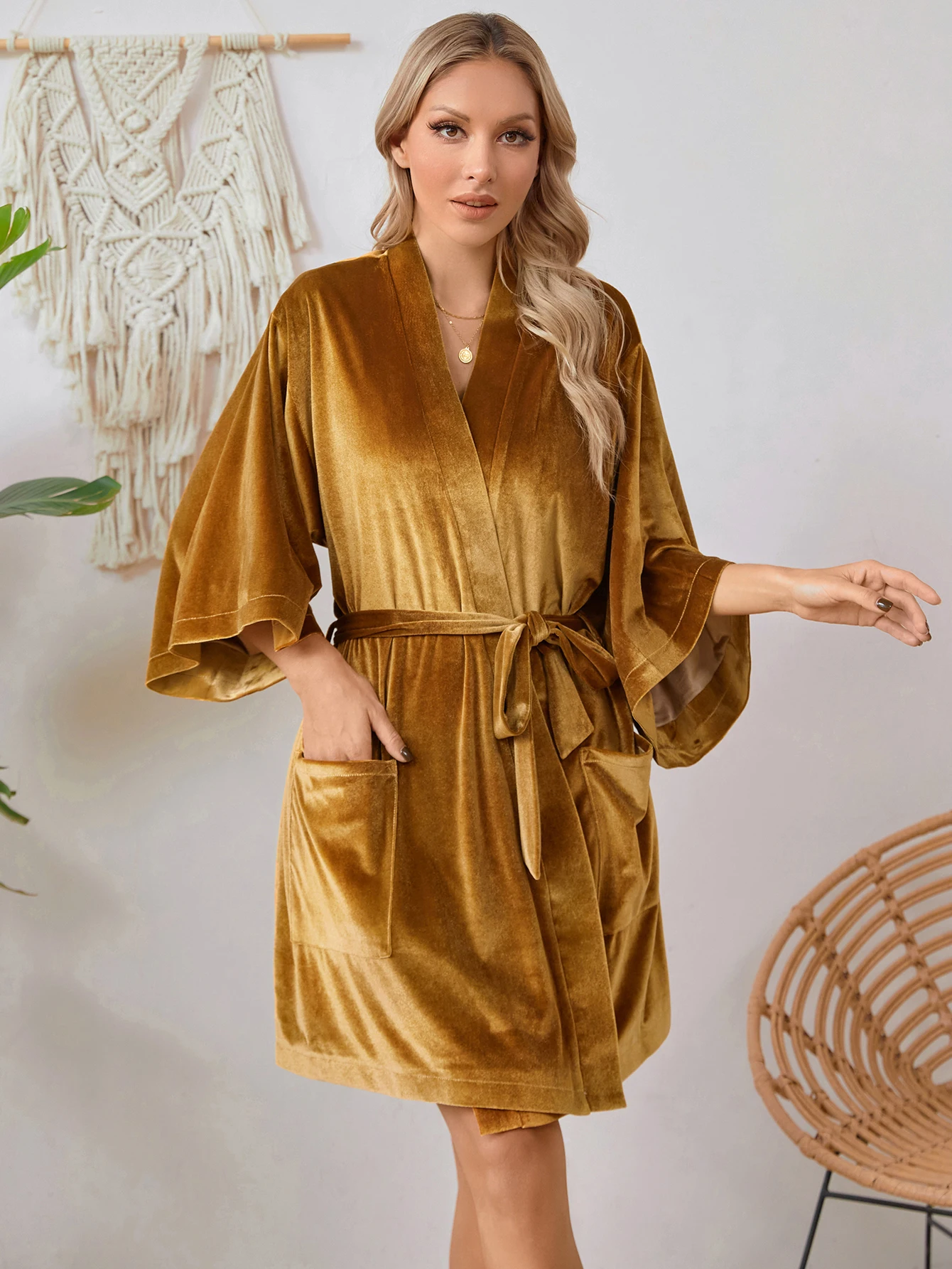 Graceful Female Silk Like Bathrobe Pure Color V Neck Nightgown Feather Wraps Lounge Wear Home Clothes Plus Size