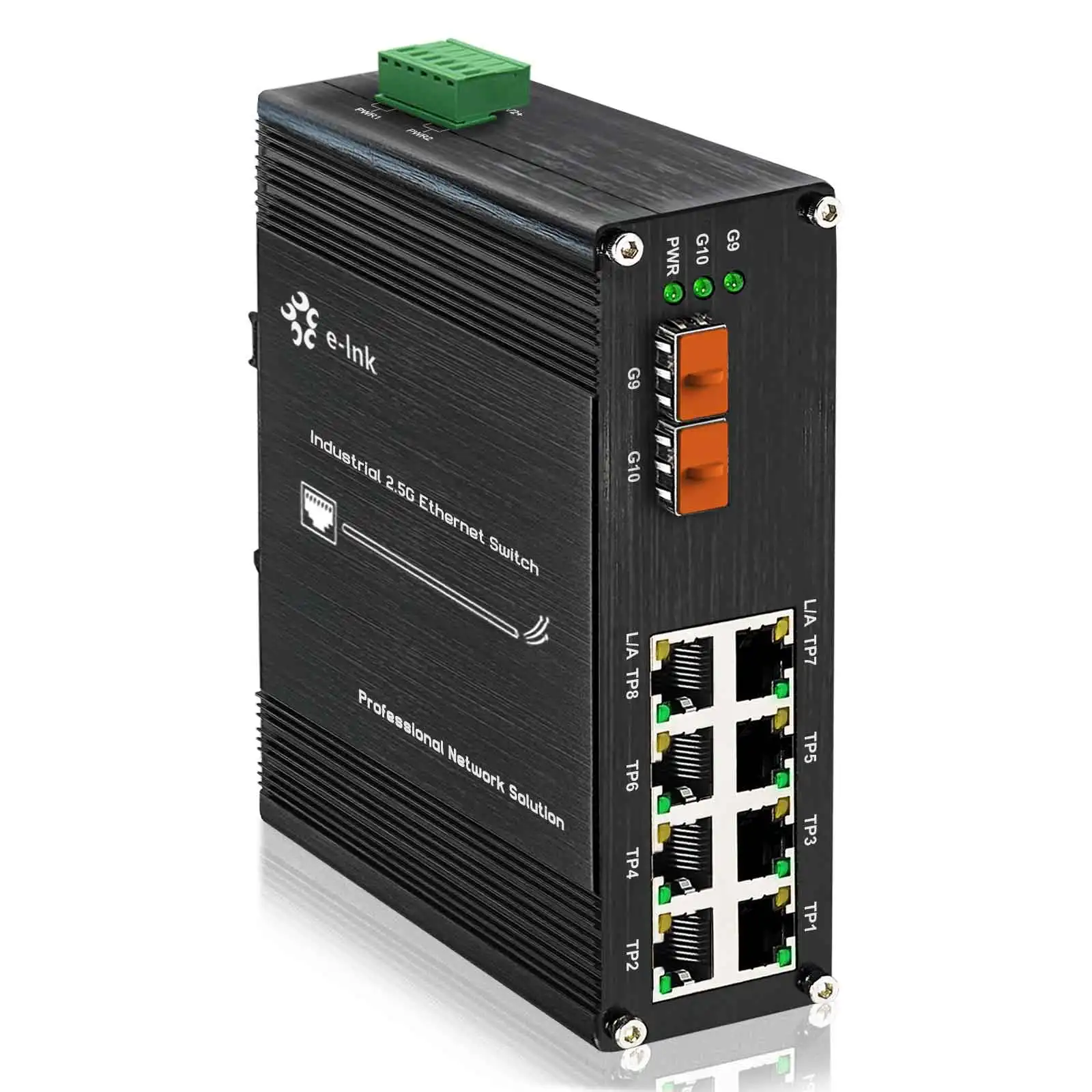 Industrial 8-Port 2.5G Data Switch (Non-PoE), with Dual 10G SFP+ Uplinks, Low 5W Power, -40°C to 80°C, Redundant 12-48VDC Input