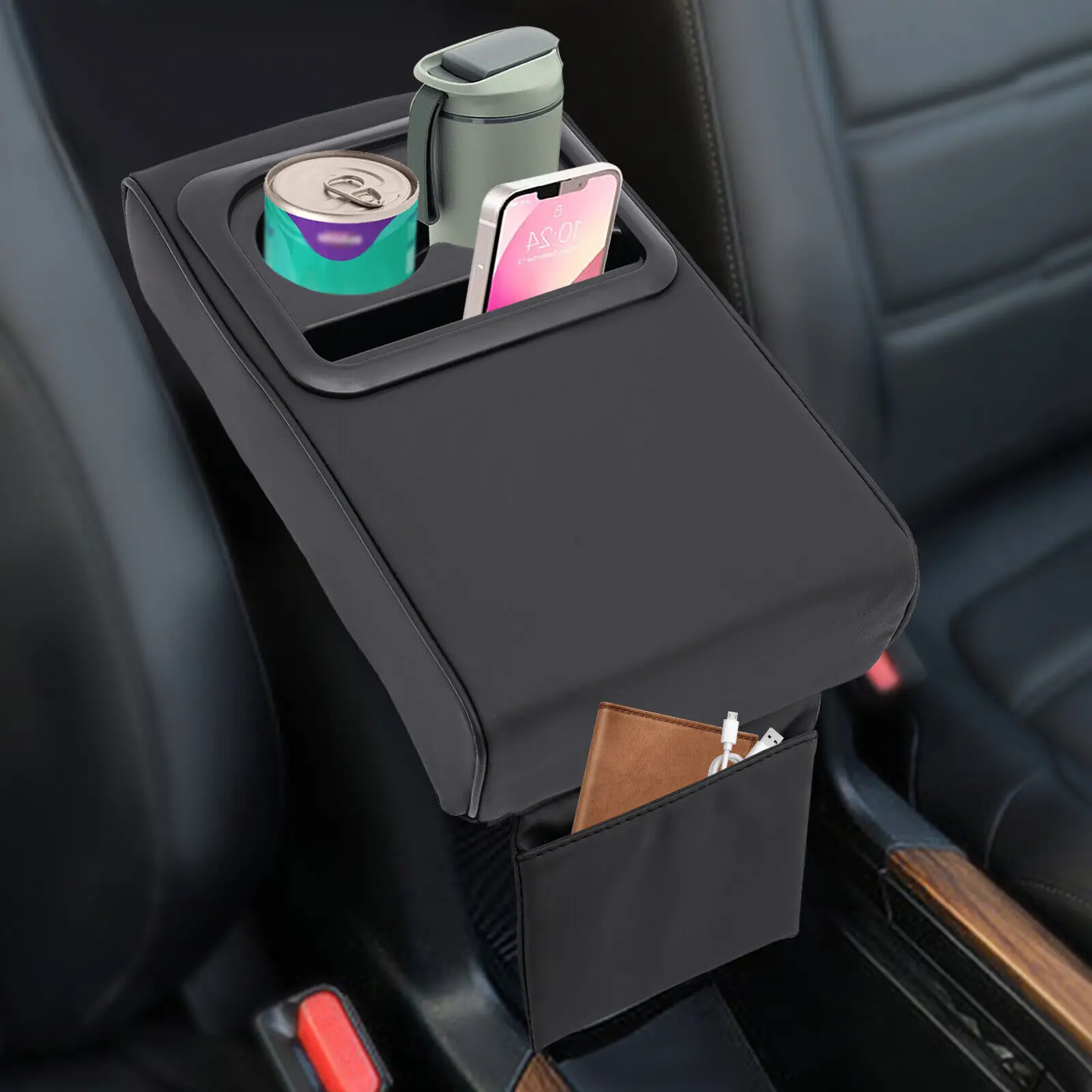 Universal Car Armrest Cushion Pad Center Console Storage Box Cover Cup Holder