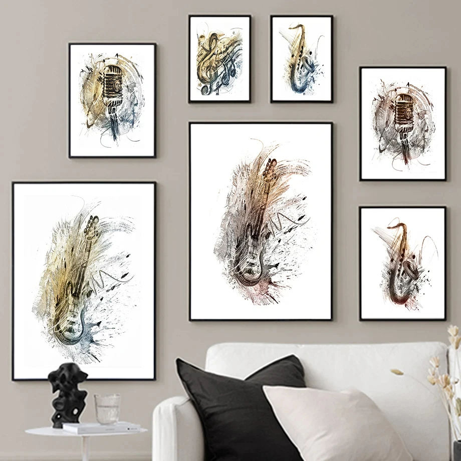 Music Painting Guitar Saxophone Musical Note Microphone Abstraction Fashion Wall Art Canvas Painting Nordic Poster Room Decor