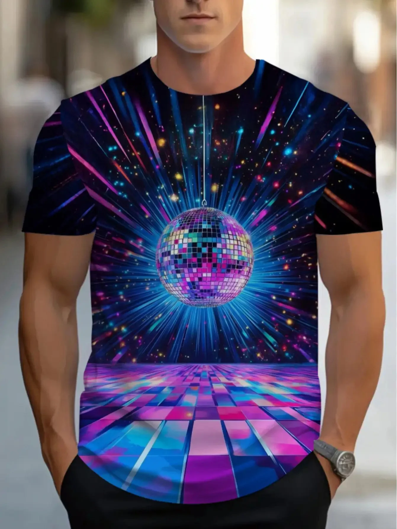 Camiseta Retro con estampado 3D para hombre, camiseta ligera y transpirable esencial para fiesta Vintage con diseño de bola de discoteca y pista de baile de neón de los años 80