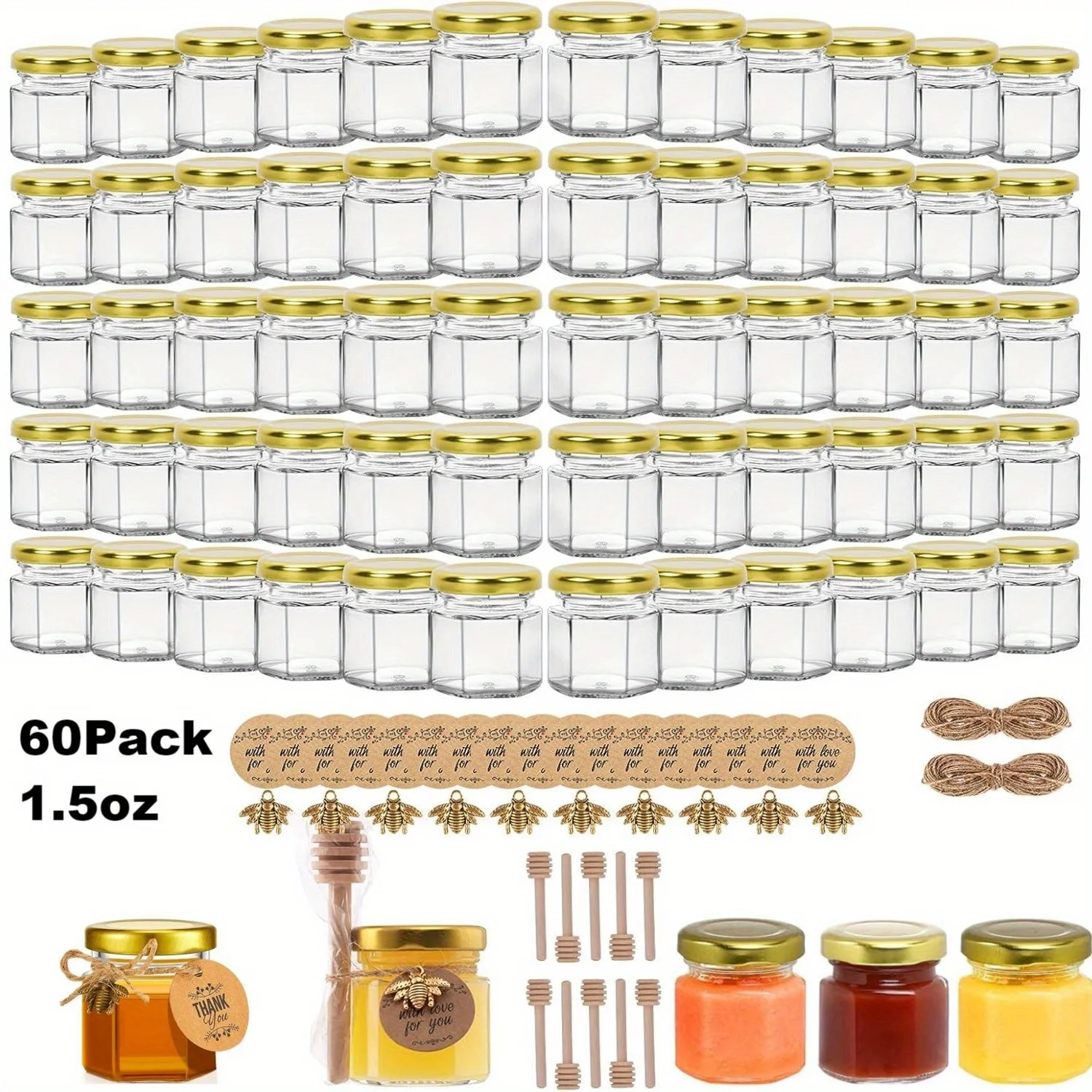 Paquete de 60 Mini Frascos de Vidrio Hexagonales para Miel con Palitos de Madera - Tapa Dorada, Colgantes de Abeja, Detalles de Cuerda y Cinta - 1.5 oz Adorable para Bodas