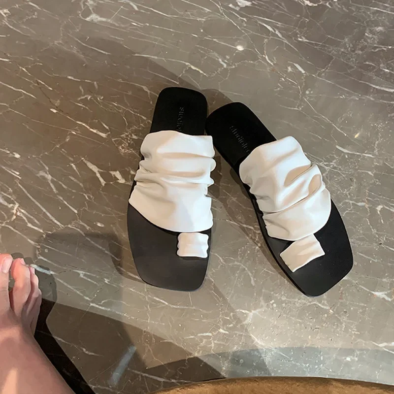 

Small Design Slippers for Women Outerwear 2023 New Summer Pleated Stacked Beach Flat Bottom Cover Sandals