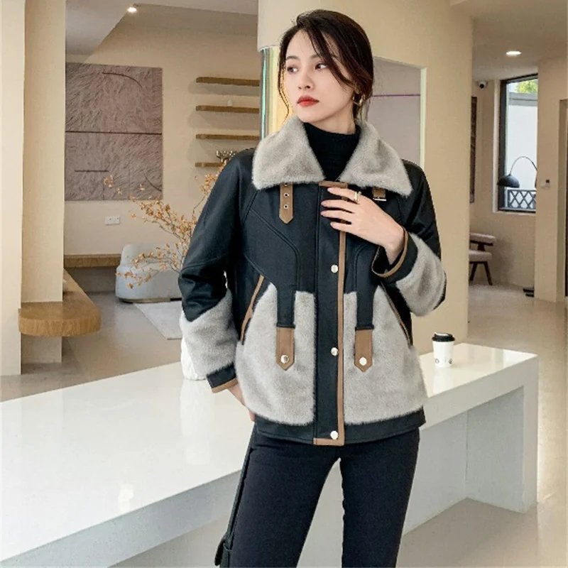 Fashion Faux Mink Fur Spliced Leather Jacket Women's Short Cotton-padded Coat Autumn Winter Thicken Warm Loose Outerwear Female