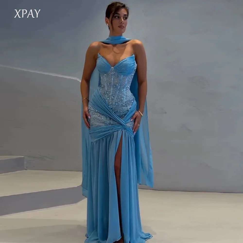 

XPAY 2025 Luxury Evening Dresses Blue Lace and Chiffon Women Formal Dress Customized High Slit Strapless Prom Gown Party Dress
