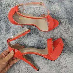 Salto alto super flash para mulheres, couro envernizado, dedos abertos, sandálias plataforma, festa sexy, sapatos de casamento vermelhos, novo, 14cm