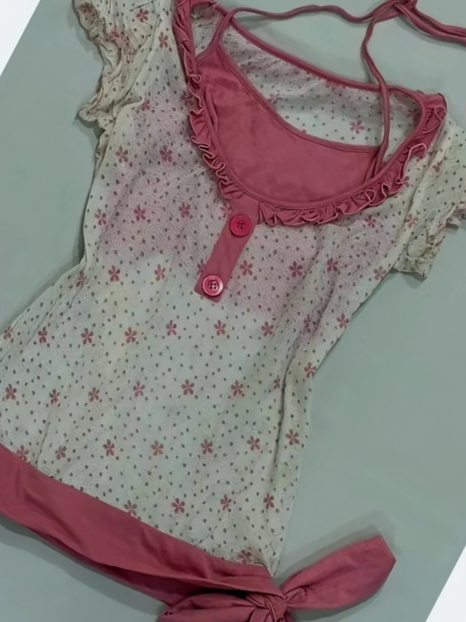 Y2K Sweet Spicy Girl Early Taste Floral Print Hanging Ne Belted Fake Two-Piece ort Sve T-irt Thin Transparent Cover ...