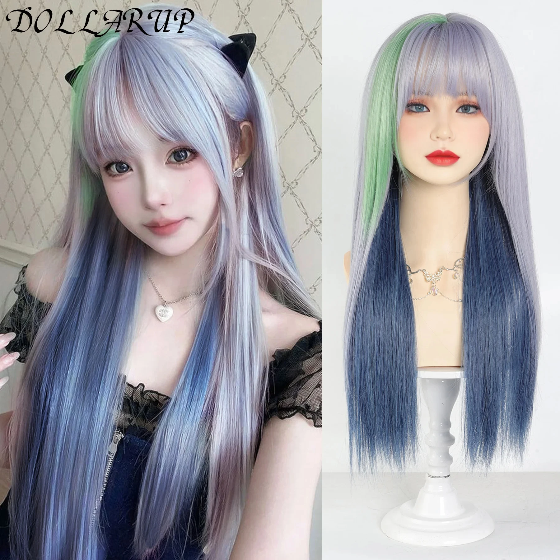 

JKL Synthetic Lolita Cosplay Wig green Blue Hair for Cosplay Party Long Straight Wigs for Women Blue green highlight dyed bangs