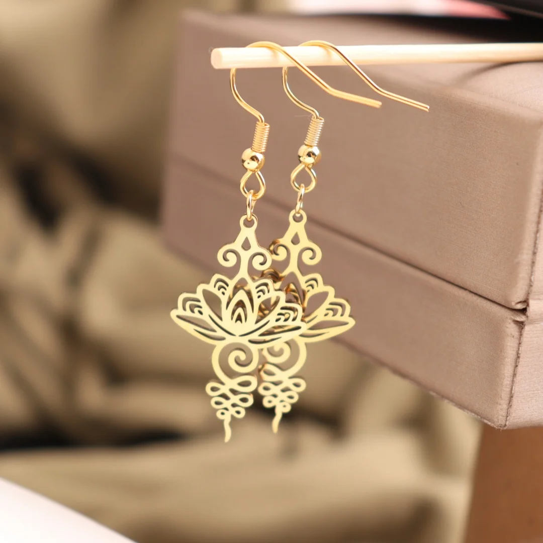 Gothic Vintage Lotus Graphic Stainless Steel Earrings For Women Witchcraft Plant Pendants Earrings Jewelry For Women New