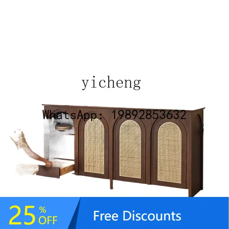 LYY خزانة جانبية لتناول الطعام بتصميم عتيق من الخشب الصلب وشرفة تخزين منزلية من الخيزران مقابل خزانة شاي مقوسة على الحائط #2