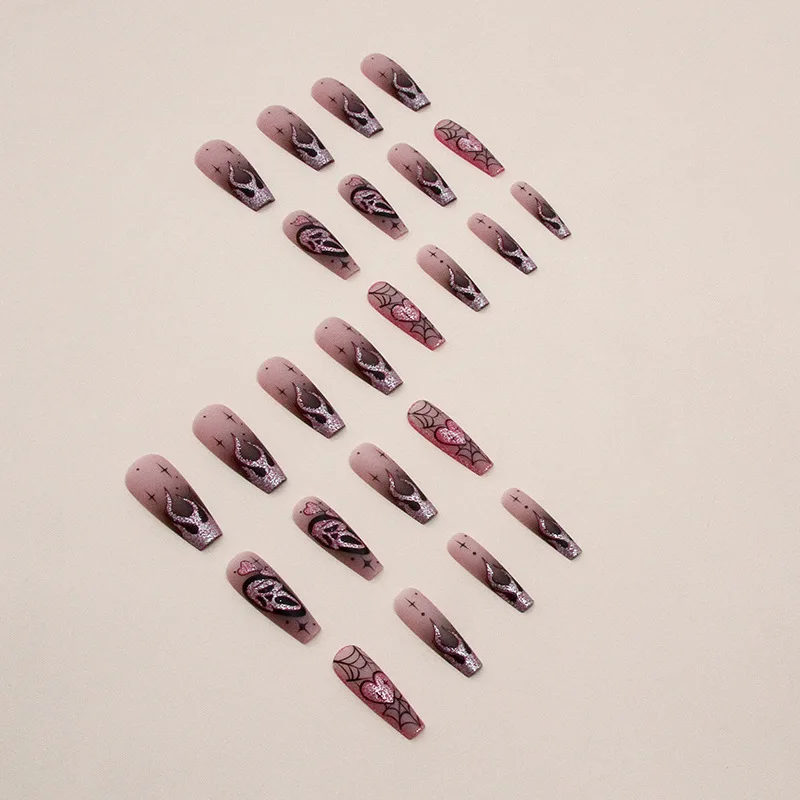 24 piezas uñas postizas con brillantina rosa y lentejuelas, diseño de Halloween con calaveras y corazones, estilo ballet europeo 4