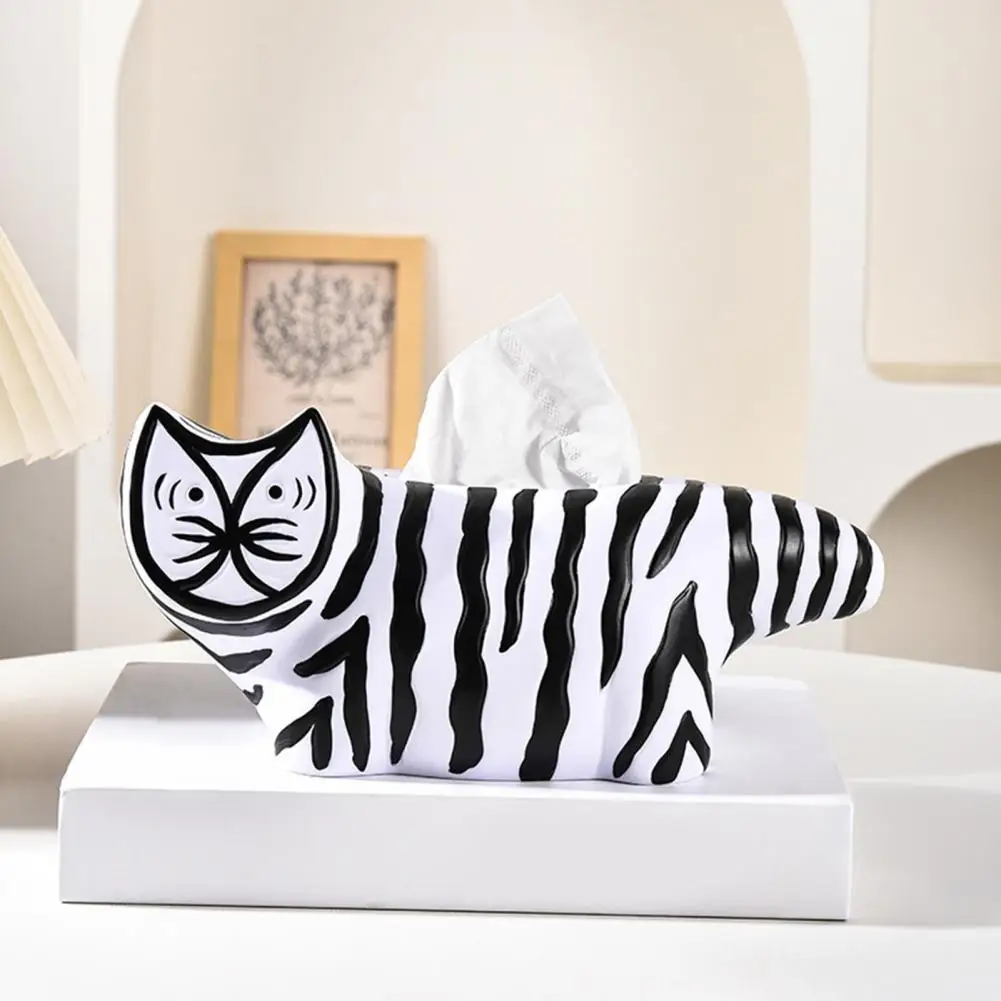 Tissue Box Striped Cat Shape Dispenser with Ample Interior Space Vinyl Tissue Case Compact Decorative Durable Paper Holder