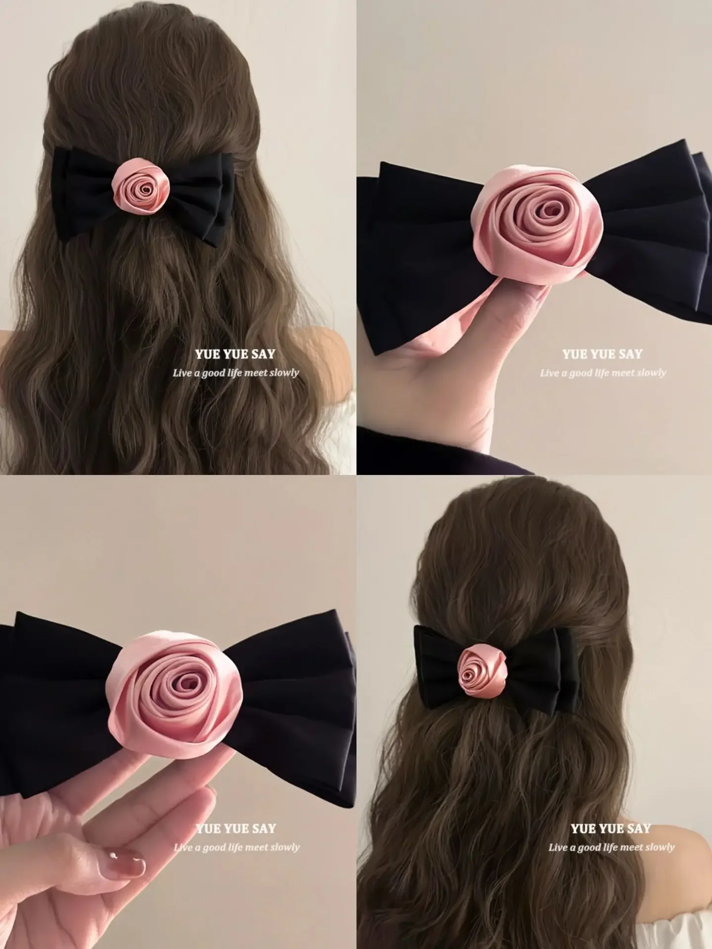 

Korean Fashon Stylish Vintage Rose Hairclip French Hairstyle Black and Pink Hair Accessories for Girls and Women Hairties