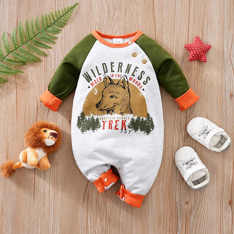 Spring And Autumn Boys And Girls Handsome Forest Wolf Printed Long Sleeve Baby Bodysuit