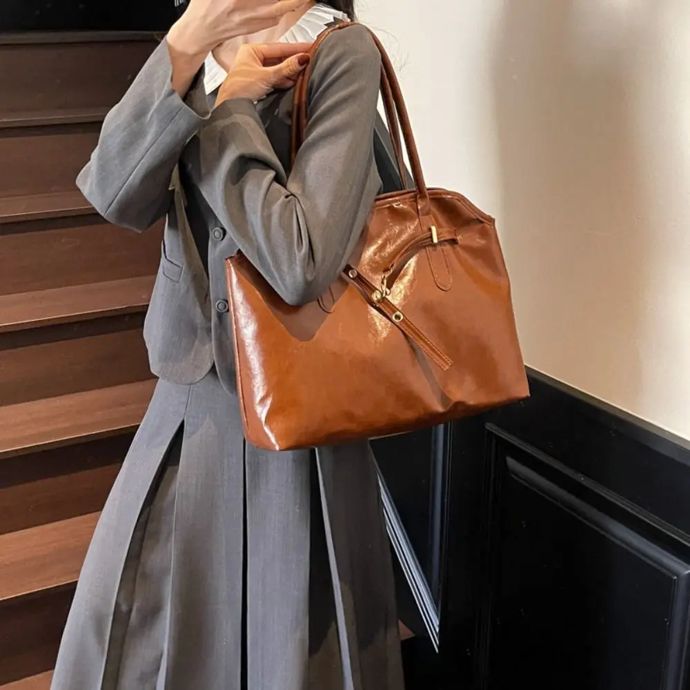 

Fashionable Korean Style Retro Shoulder Bag Brown PU Leather Ladies Briefcase Solid Color Minimalist Tote Bag Girls