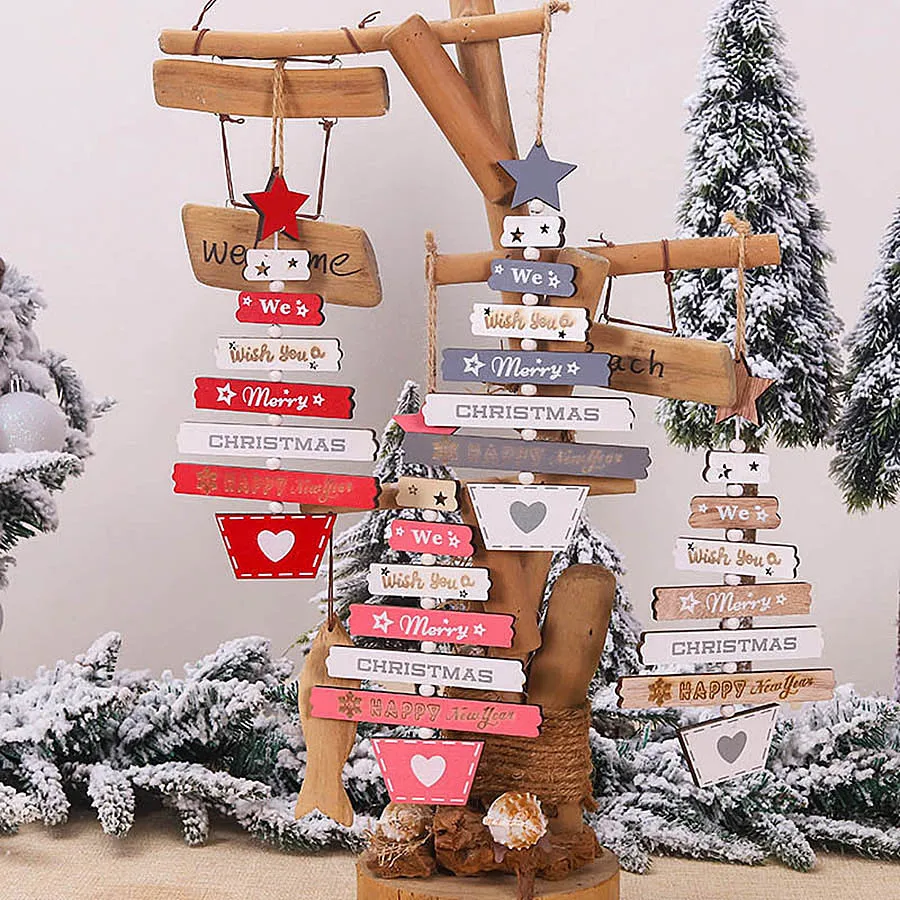 Wooden Christmas Tree Shape Hanging Ornament with Star Topper  Jute String, Rustic Xmas Tree Decoration Holiday Home Gift Decor