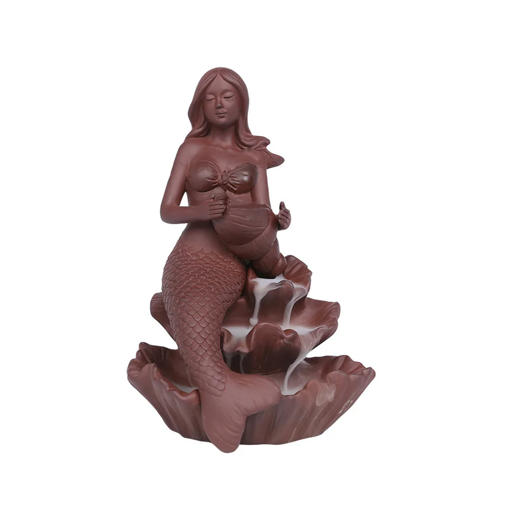 

1pc Lotus Leaf Mermaid Incense Burner Ornament Household Censer Decor Purple Sand Backflow Art Craft Aroma Stove Home