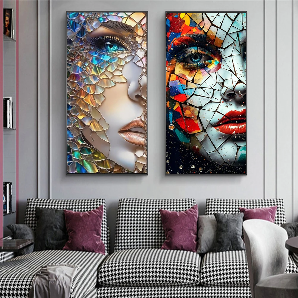 Abstract Colorful Broken Woman Face Portrait Aesthetic Art Canvas Painting Wall Poster and Print Living Room Home Decor Pictures