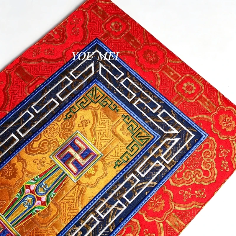 Tibetan-Style Embroidered Vajra Bell Pattern Desktop Mat,Buddhist Hall Ritual Instrument,Buddhist Item Altar Sacred Artifact Mat