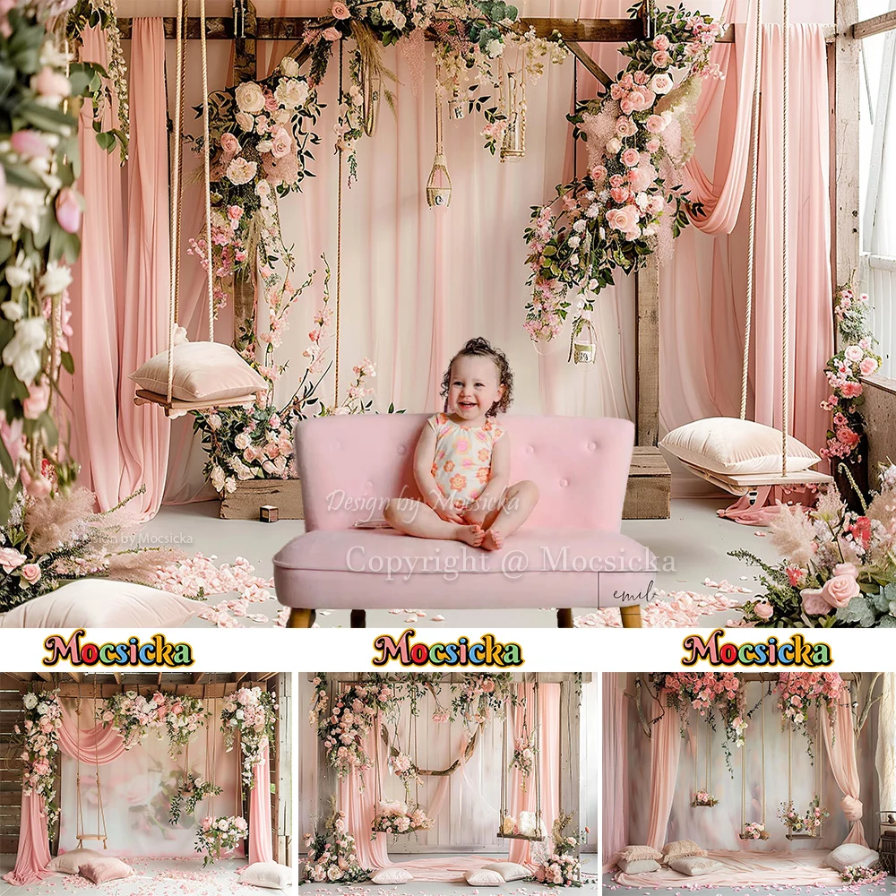 Mocsicka Girl Birthday Cake Crush Backdrop Photography Pink Drapes Flower Room Background Wedding Party Maternity Photo Studio