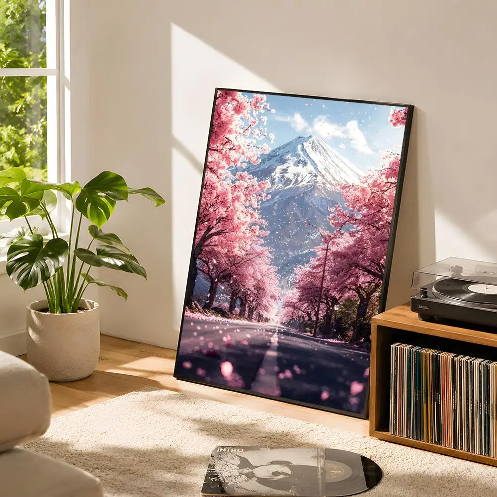 Japanese Cherry Blossoms At Mount Fuji Poster Self Adhesive Matte Wall Art Removable Home Room Decoration