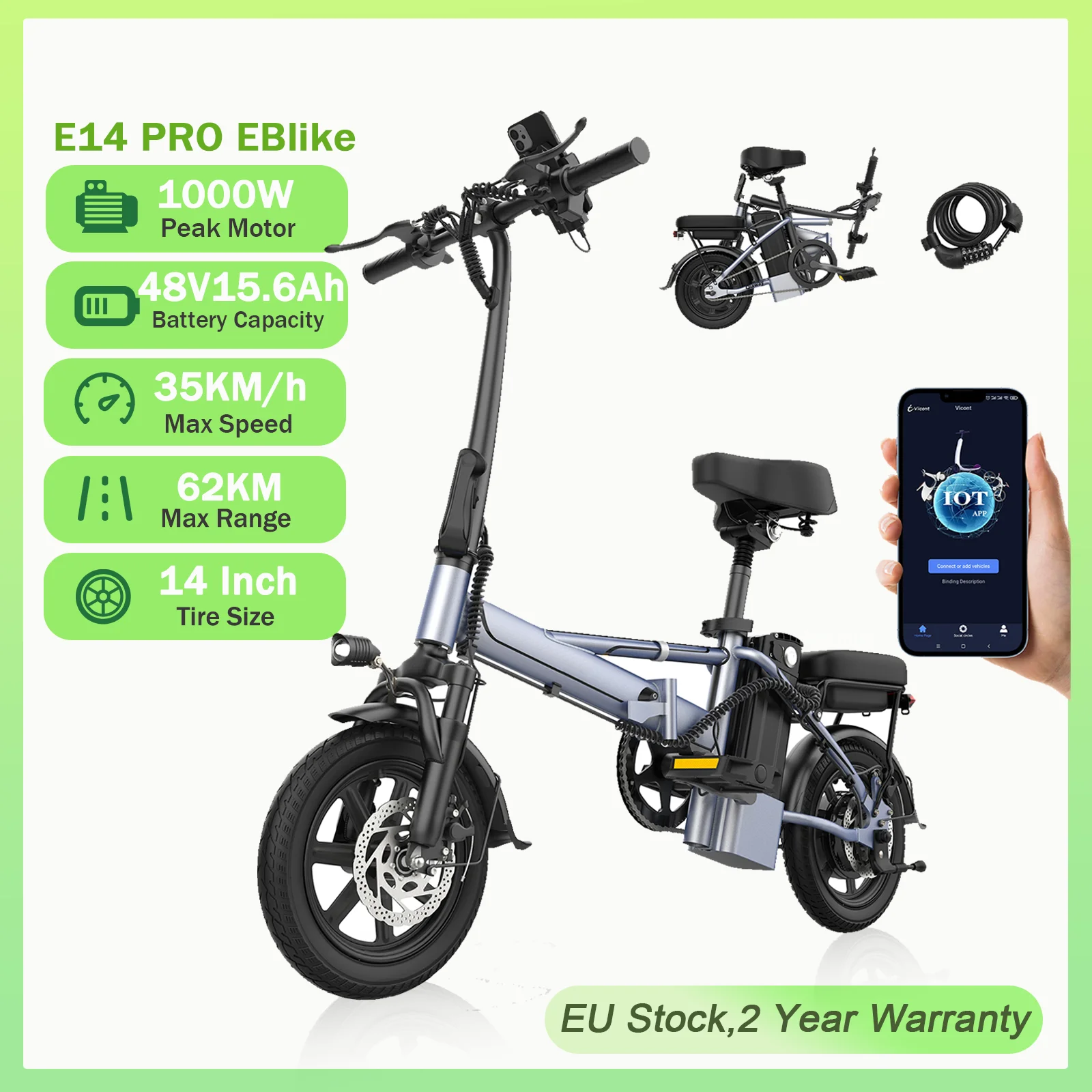 2025 Nieuwe AOVOPRO E14/E14Pro elektrische fiets 1000W piekmotor 14 inch 48V 15,6 Ah 62 km lange afstand 35 km/u opvouwbaar met app EBike
