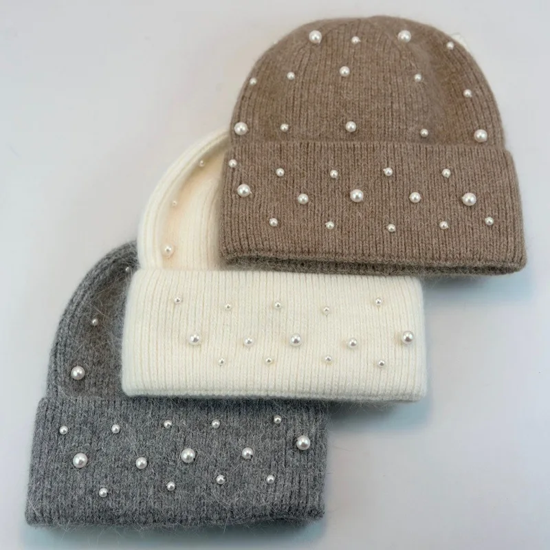 

Осенне-зимние модные теплые универсальные вязаные шапки с жемчугом для женщин, новые уличные морозостойкие вязаные шапочки с защитой ушей